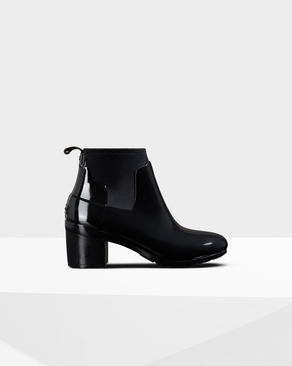 Women Hunter Refined Slim Fit Gloss Mid | Heeled Boots Black | NZ-4891-OTKE